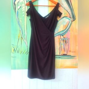 Lauren Ralph Lauren little black dress capped cold shoulder sleeve midi length 6